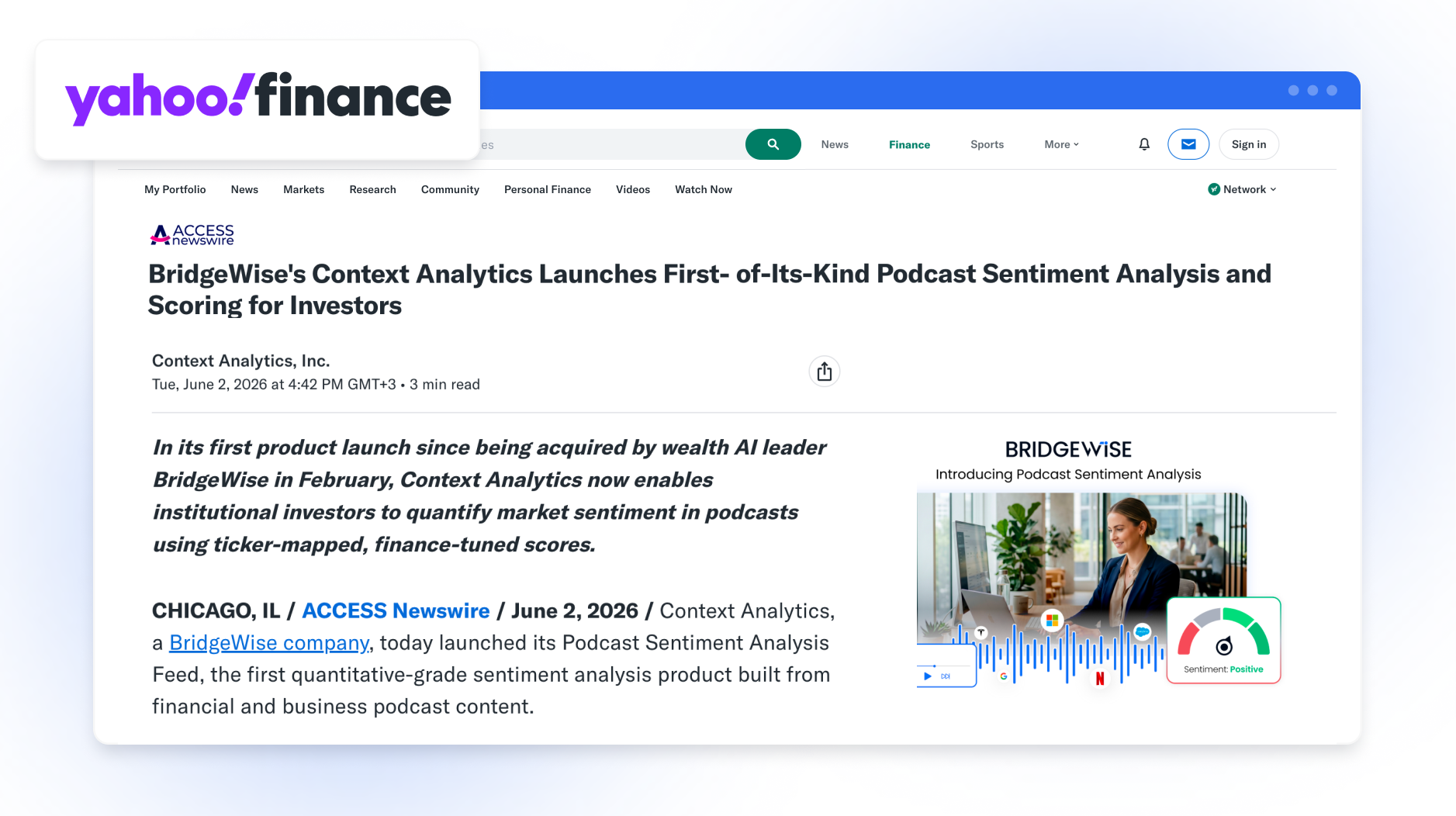 BridgeWise's Context Analytics Launches First-of-Its-Kind Podcast Sentiment Analysis and Scoring for Investors