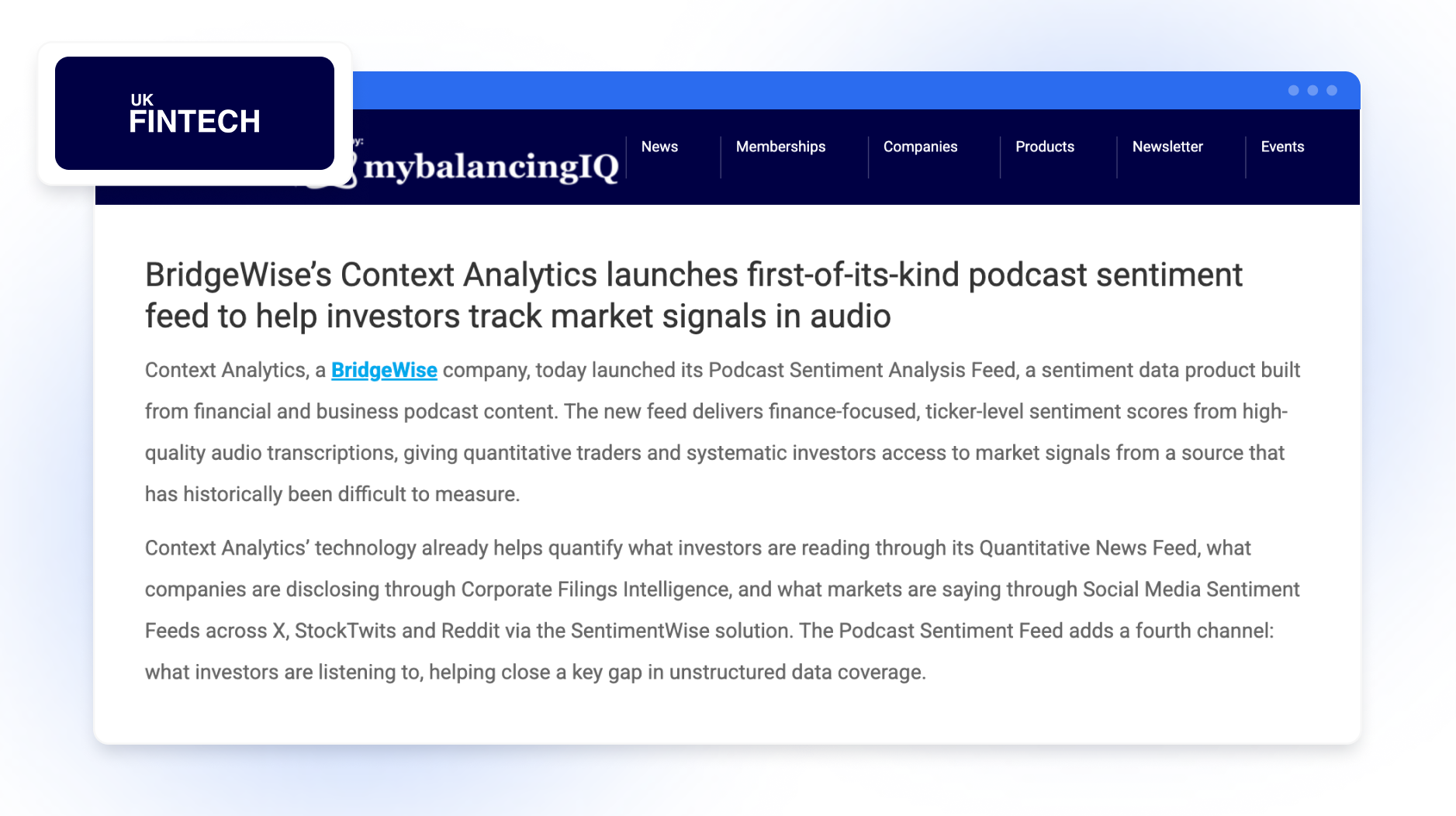 BridgeWise’s Context Analytics launches first-of-its-kind podcast sentiment feed to help investors track market signals in audio