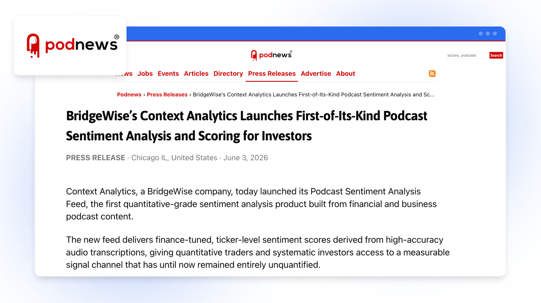 BridgeWise’s Context Analytics Launches First-of-Its-Kind Podcast Sentiment Analysis and Scoring for Investors