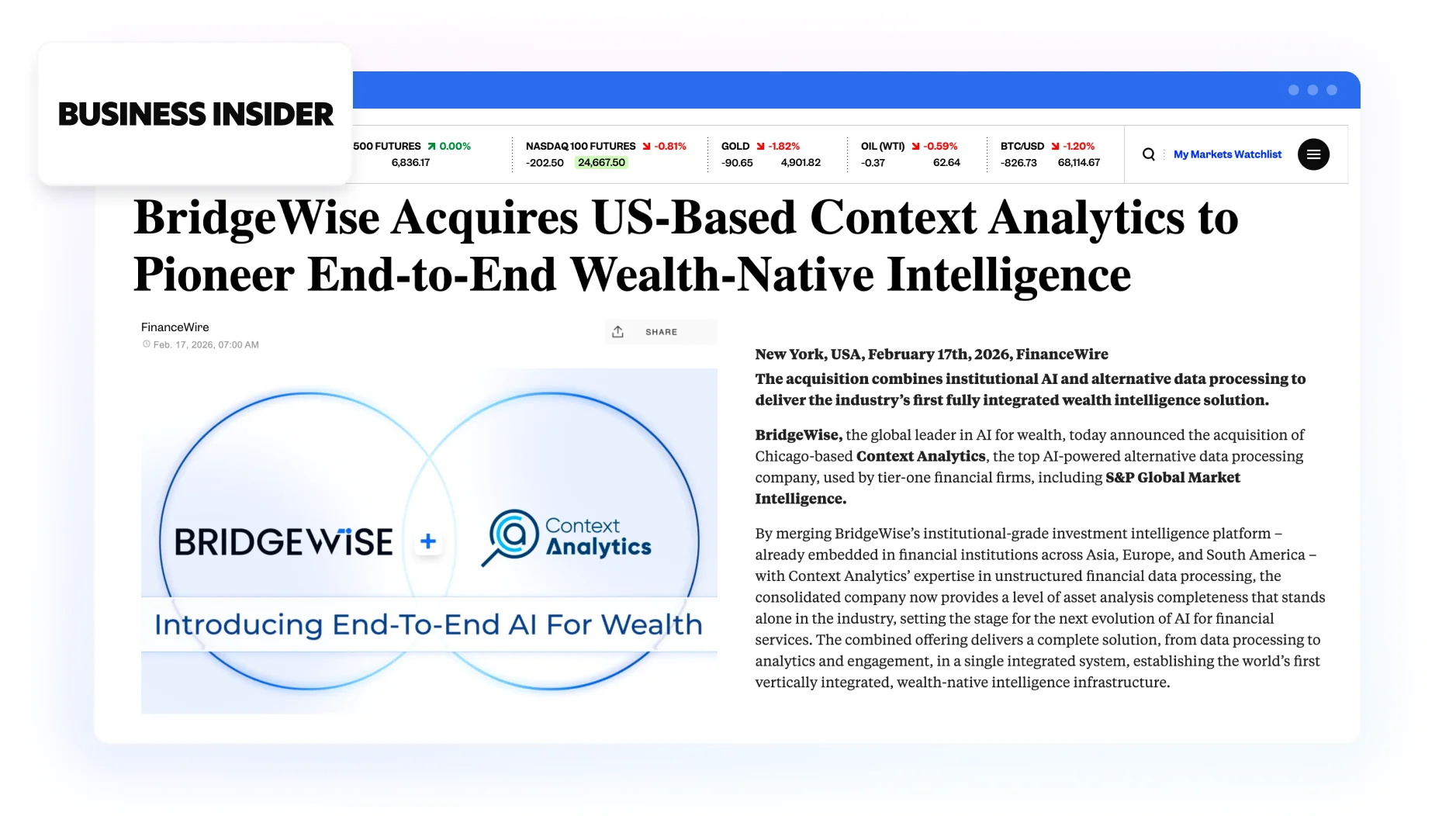 BridgeWise Acquires US-Based Context Analytics to Pioneer End-to-End Wealth-Native Intelligence